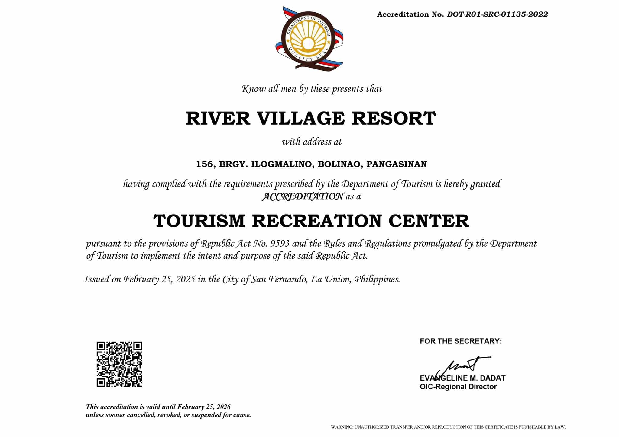 River Village Department of Tourism Accreditation Certificate